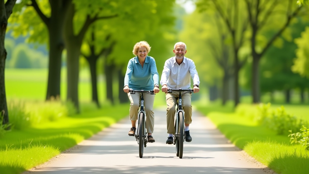 Senior cyclist riding on a flat greenway path with trees in the background