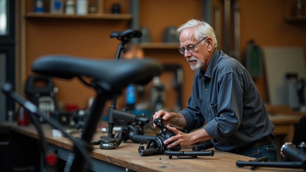 Close-up of bicycle frame and components on a maintenance workbench with tools and adjustment equipment nearby