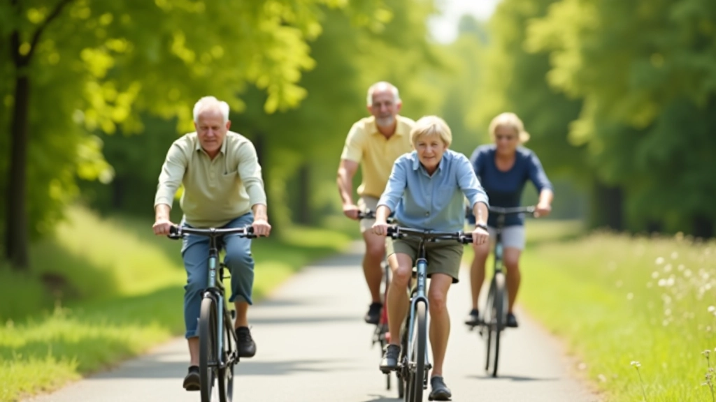 Group of senior cyclists riding together on a paved greenway path on a sunny day with trees in the background