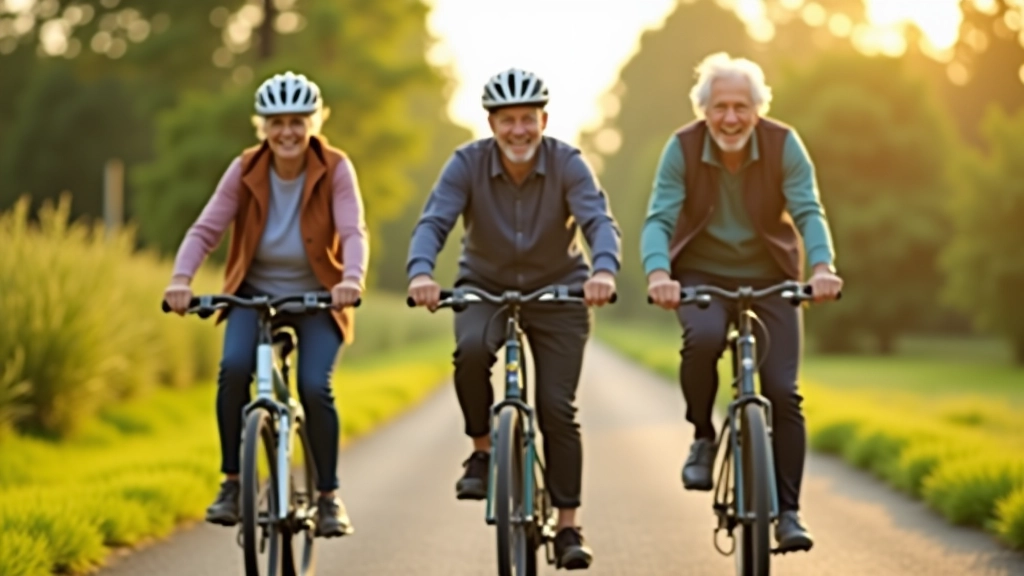 Group of active seniors cycling together on a scenic greenway path in natural sunlight