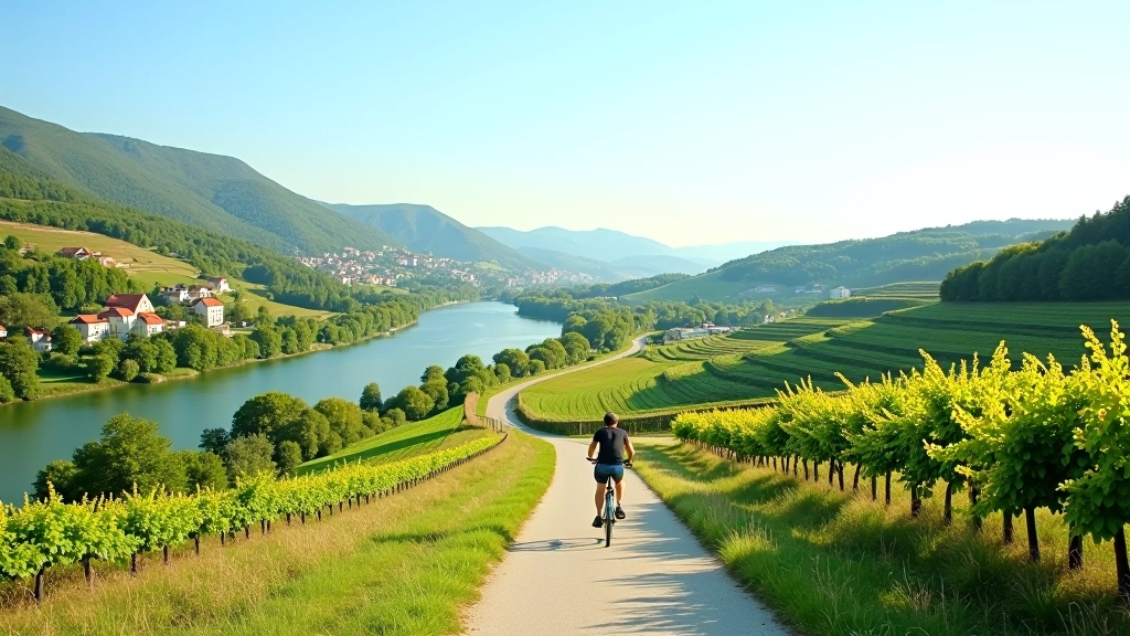 Elbe River valley cycling path with vineyard-covered hillsides and river views