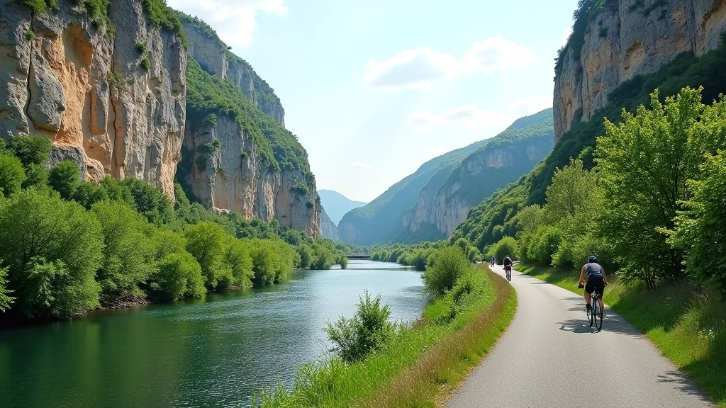 Scenic Saxon Switzerland region with river gorge and dramatic rock formations along the Danube cycling route