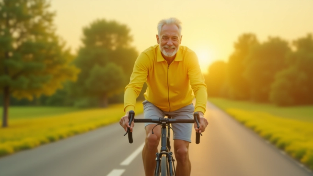 Elderly cyclist riding on a flat paved path lined with trees and green fields