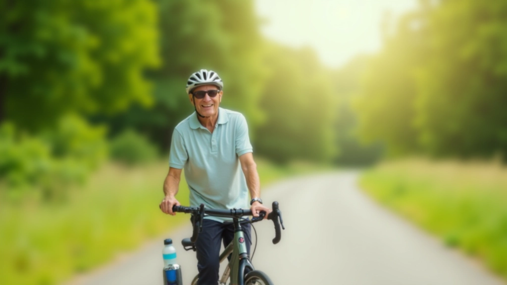 Cyclist wearing helmet and casual clothing, resting by a bicycle on a sunny greenway path with water bottle and backpack visible
