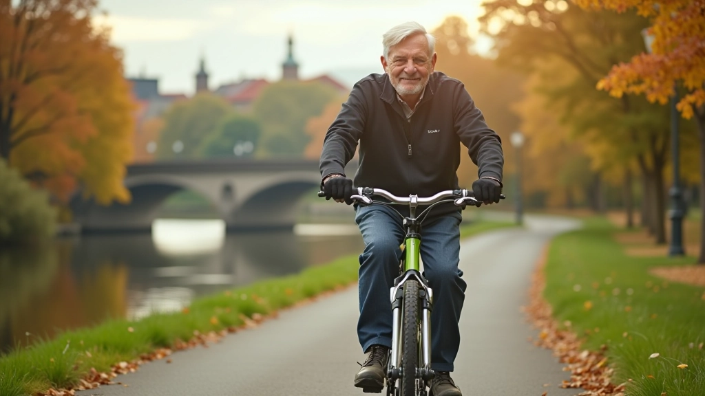 Cyclist riding along Vltava River near Prague with autumn foliage and historic bridges