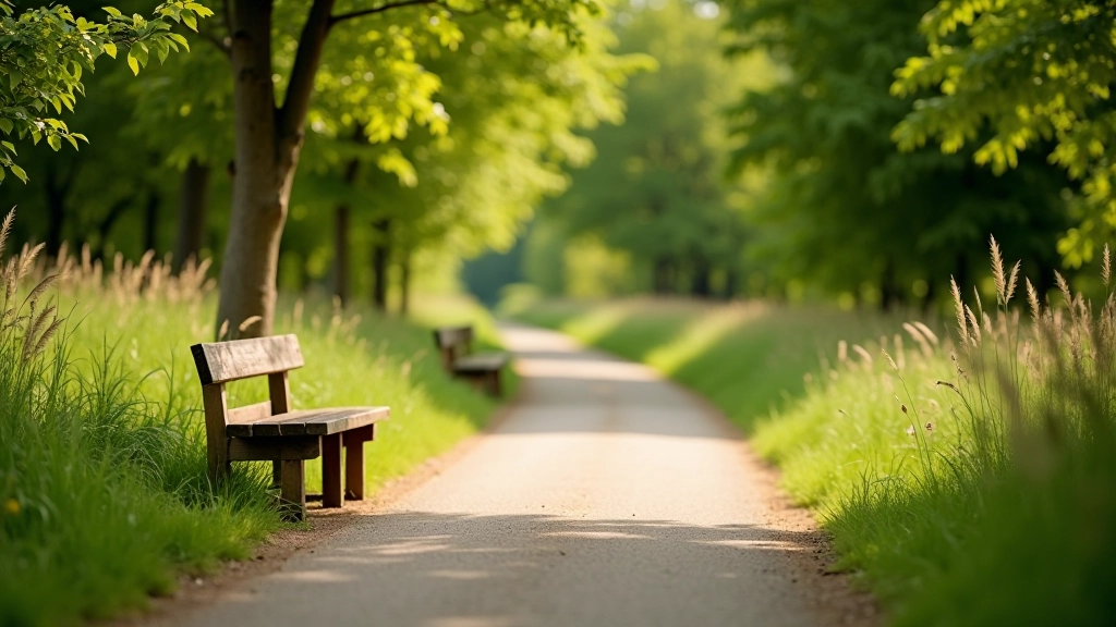 Senior cyclist taking a break at a scenic outdoor rest area along a greenway path