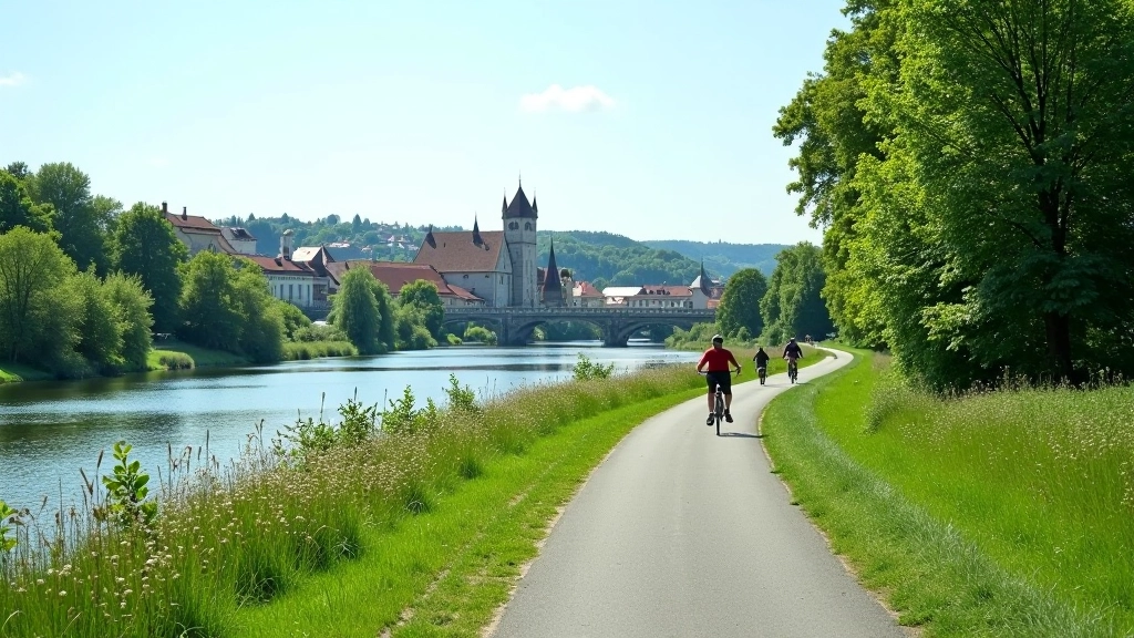 Danube greenway cycling path with river views and small town buildings along the route