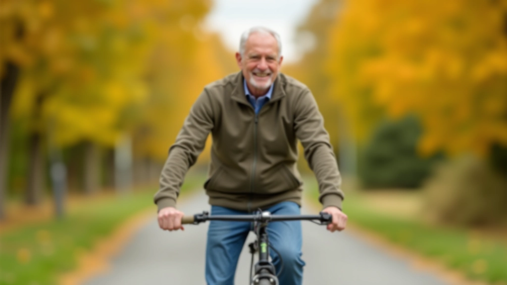 Senior cyclist enjoying a scenic flat greenway path with autumn landscape